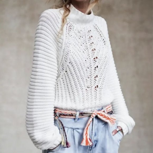 Free People Sweaters - Free People Sweetheart Mock Neck Chunky Knit Cotton Sweater Ivory White Small S